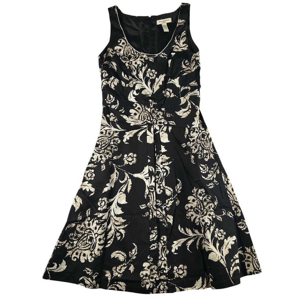 Amanda Smith Dress Womens 6 Black Floral Beaded Fit Flare Knee Length Lined
